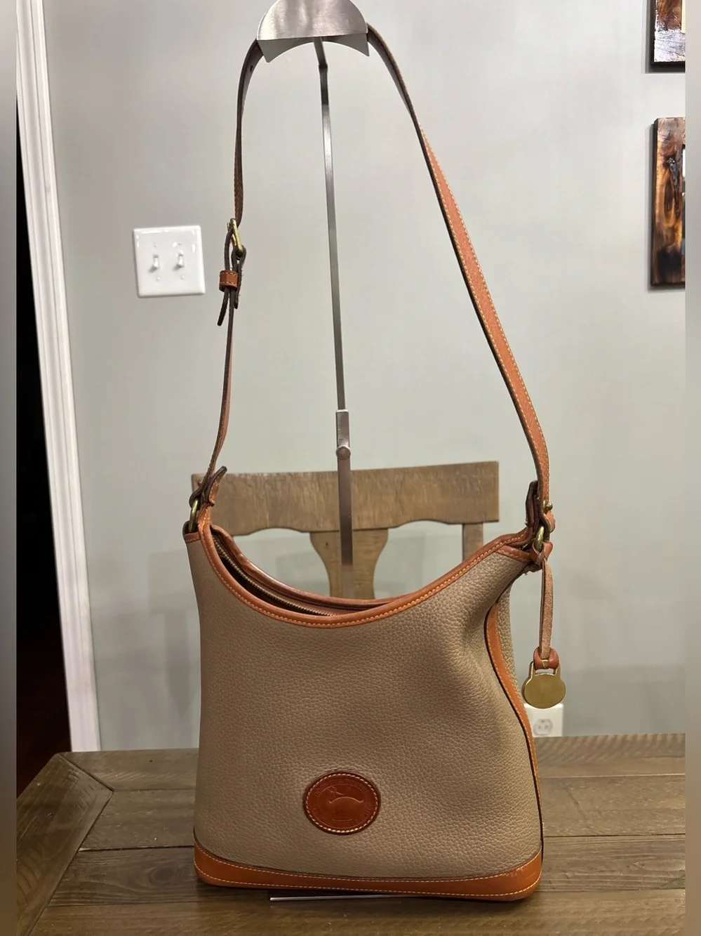 Dooney & Bourke Vintage Taupe Pebbled Leather Hobo Bag